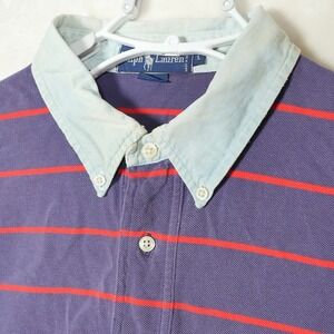 VTG POLO Ralph Lauren Blue Red Striped Polo Men's Shirt Size L Blue Denim Collar